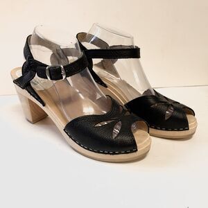 Maguba Swedish Wooden Heel Clog Sandals Black Open Toe